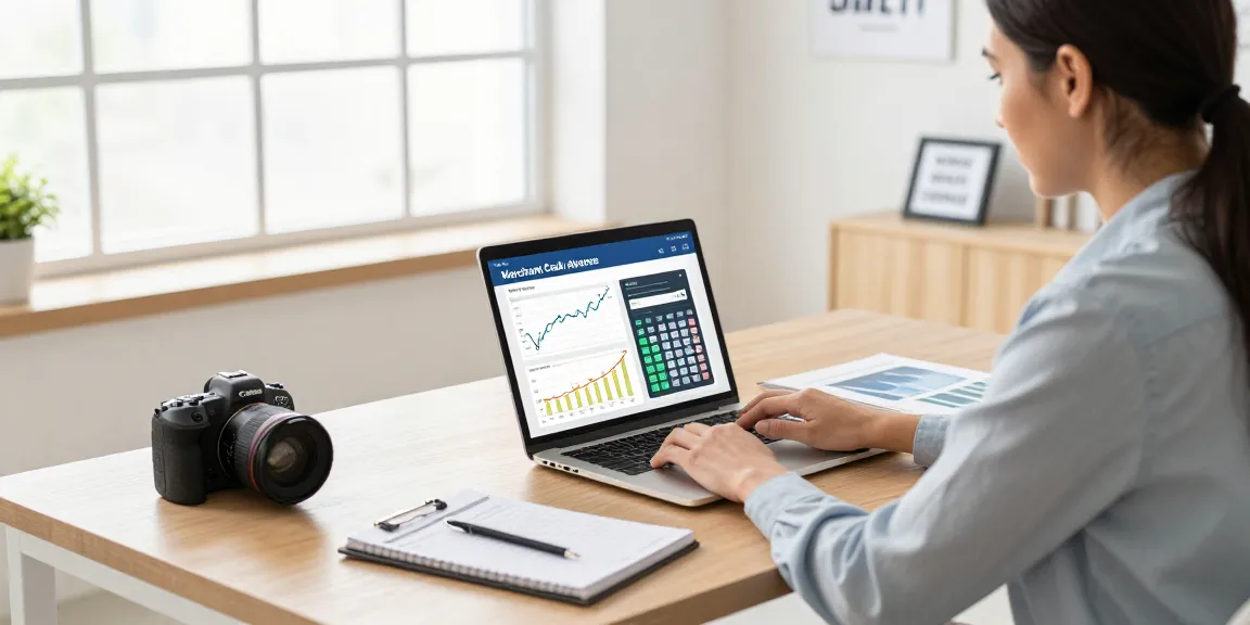 Merchant cash advance calculator on a laptop in a professional business office, showcasing financial reports and tools.
