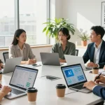 Teams collaborating on AI for business strategies in a modern office environment, showcasing innovation and teamwork.