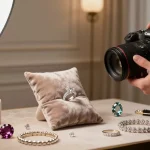 Stupenda fotografia di gioielli da fotografo gioielli milano, che mostra anelli di diamante di alta qualità e gemme in un elegante setting da studio.