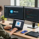Download Telegram on modern tech workspace with dual monitors and smartphone notifications.