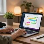 Using WhatsApp電腦版 in a modern home office with vibrant chat interface and tech gadgets.