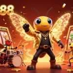 Experience the excitement of open88 with a lively casino-themed scene featuring a rock star cicada and vibrant game elements.