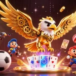 TA88 showcases a dynamic scene with a golden eagle diving among sports elements and holographic cards.