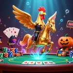 9BET offers a thrilling poker experience with vibrant casino elements and energetic characters.