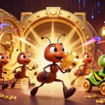 Ants heist carrying KK55 golden chip in vibrant casino heist scene