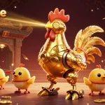 Experience zbetgame with a vibrant 3D illustration of a golden rooster robot and baby chick drones in an exciting casino scene.