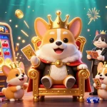 Experience thrilling slots with xo880 alongside a royal corgi and treasures in this vibrant illustration.