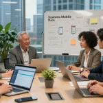 Team discussing unlimited business mobile plans in a modern office, focusing on collaboration and communication.