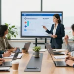 Team collaborating on business mobile contracts UK in a modern office, showcasing vibrant discussions and data presentations.