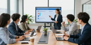 Team collaborating on business mobile contracts UK in a modern office, showcasing vibrant discussions and data presentations.
