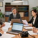 Legal team discussing merchant cash advance legal issues in a professional office setting.