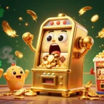 DA88 shows a golden slot machine winning as coins overflow, amid cheering mini machines.
