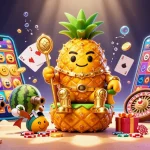 Experience the excitement at 9BET with vibrant gaming elements and colorful characters in a tropical casino scene.