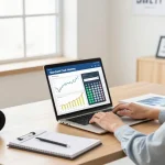 Merchant cash advance calculator on a laptop in a professional business office, showcasing financial reports and tools.