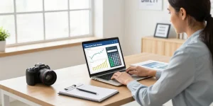 Merchant cash advance calculator on a laptop in a professional business office, showcasing financial reports and tools.