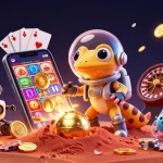 Experience nổ hũ excitement as the Martian gecko discovers a golden casino surrounded by vivid gaming elements.