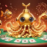 Experience thrilling poker action with tt888's golden kraken submarine illustration amidst sparkling chips.